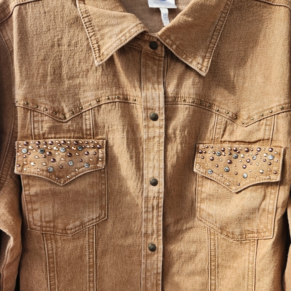 Denium Shirt Jacket Embellished Tan Kaiki 2X New with Tags - Picture 2 of 10
